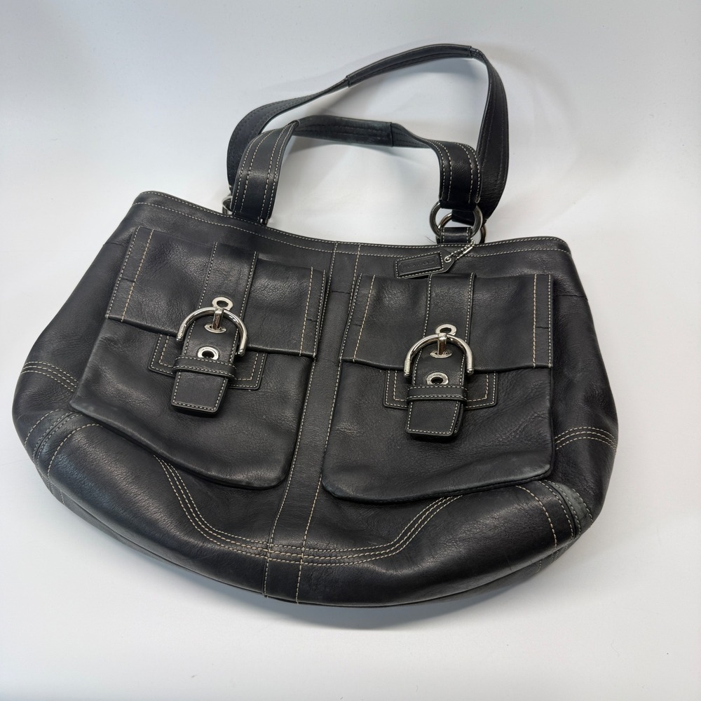 Coach Soho Buckle Tote Black Leather Shoulder Bag Handbag Y2K Double Buckle 6468